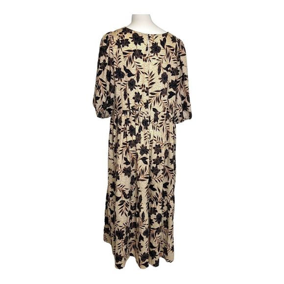 ELOQUII Floral Puff Sleeve‎ Tiered Cotton Midi Dress Cream Navy Blue Women's 16 - Picture 7 of 11